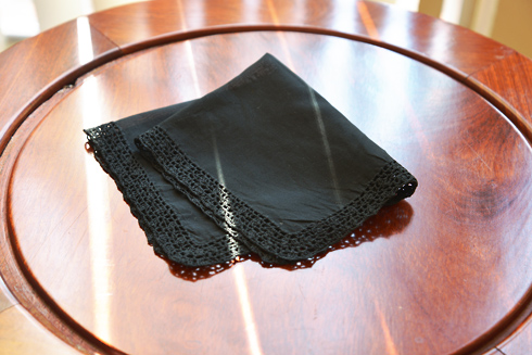 Black Handkerchief with Black Lace Trims 12"x12" - Click Image to Close